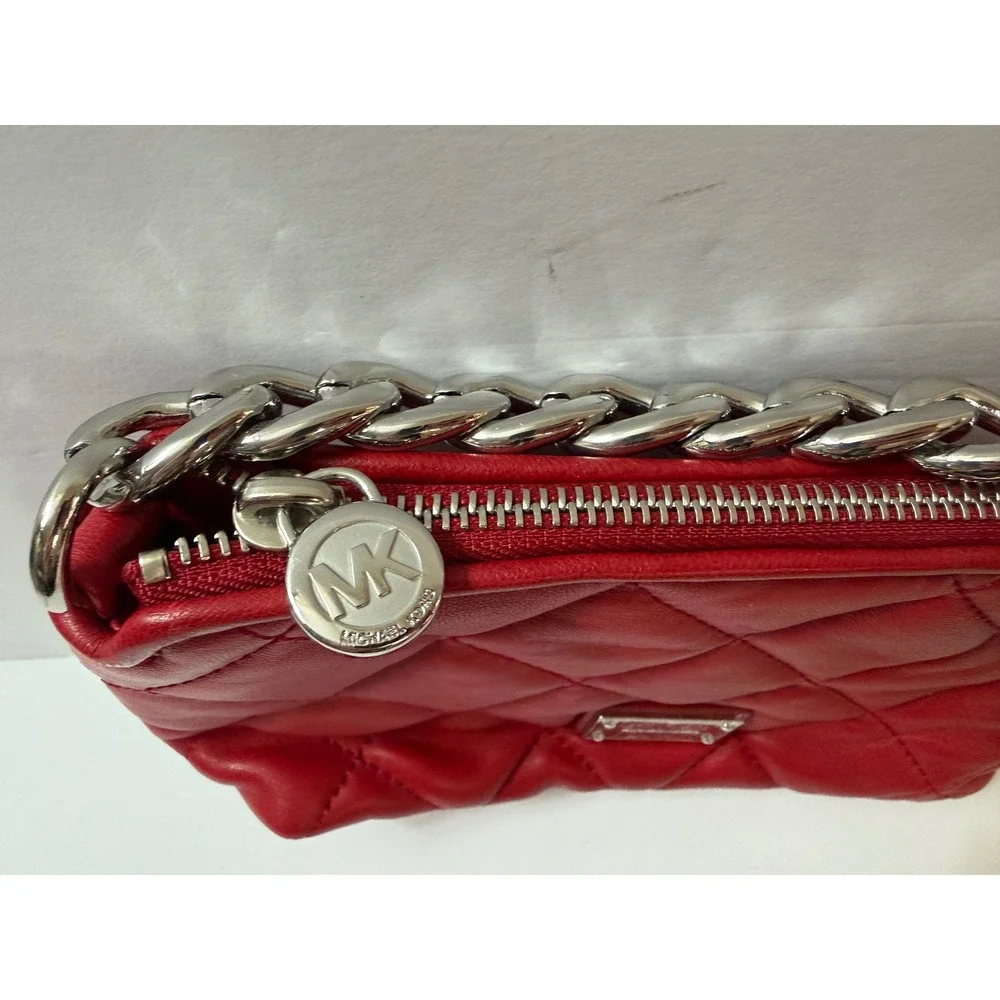 Michael Kors Red Quilted Leather Chain Pouch Clutch Wristlet Silver Hardware